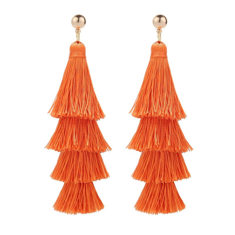 BaubleStar Fashion Tassel Dangle Earrings for Women Layered Long Bonita Tiered Russet Orange Thread Tassel Drop Statement Jewelry - Image 1